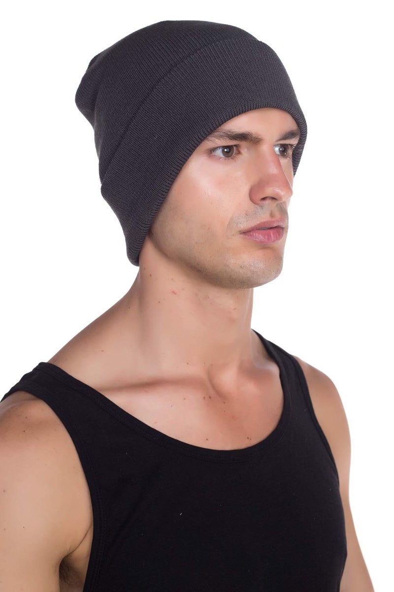Top Level Unisex Cuffed Plain Skull Beanie Toboggan Knit Hat/Cap, Dark Grey - Image 2